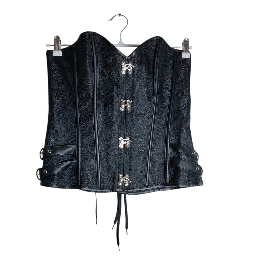 Charmian Black Paisley Brocade Steampunk Corset Buckle Overbust Top 4XL Gothic